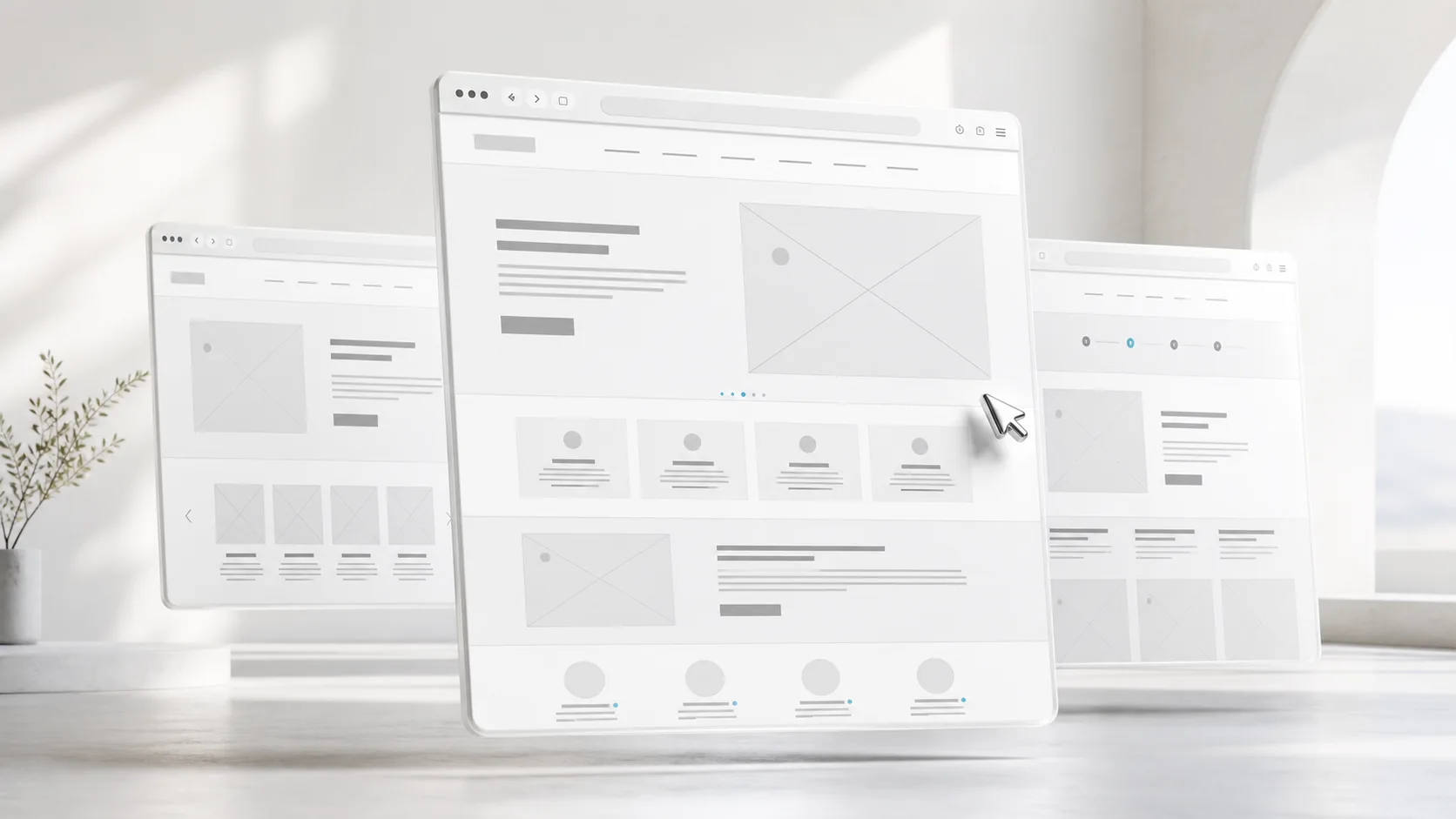 Tre interfacce web che passano dal wireframe al progetto finito