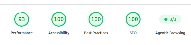 Punteggi Google PageSpeed Insights (mobile): Performance 93, Accessibilità 100, Best Practices 100, SEO 100